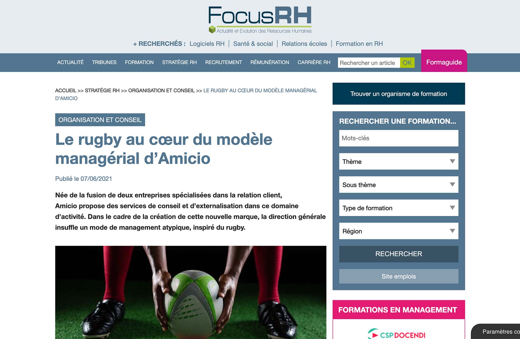 Le rugby au cœur du modèle managérial d'Amicio